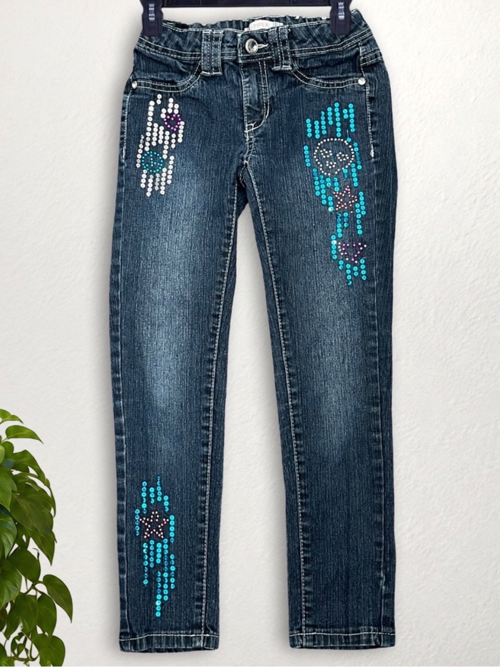 PIPER Girls Size 7 Rhinestone Embellished Bootcut Jeans Dark Wash Y2K